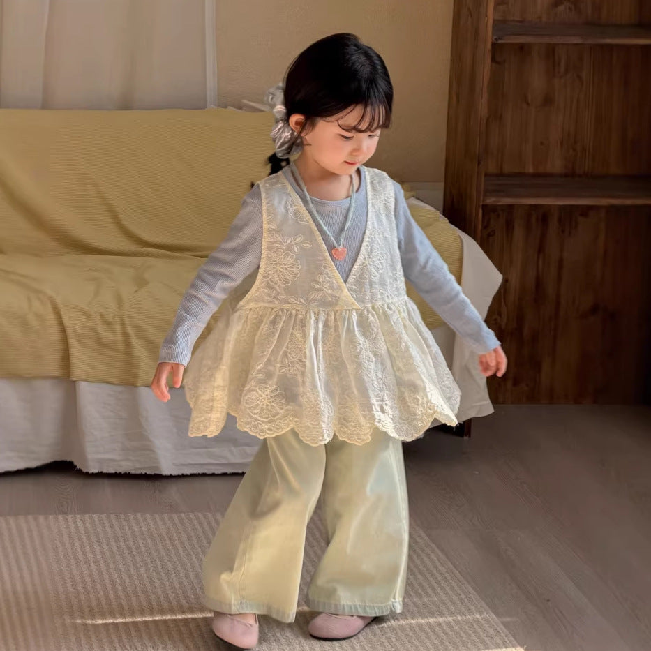 【90-140cm】韓版蕾絲網紗背心針織打底衫背心裙罩衫