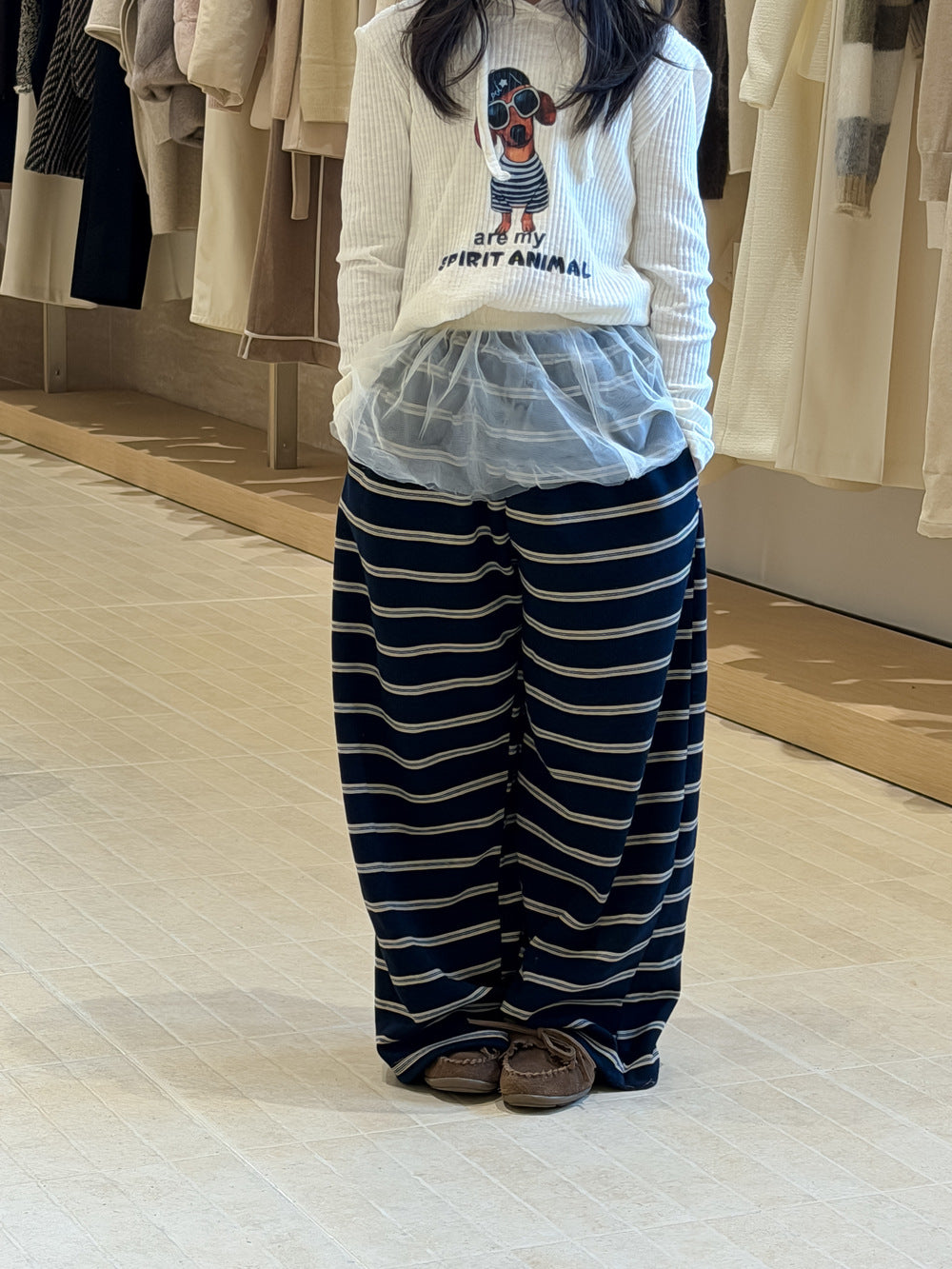 【100-160cm】輕薄寬鬆條紋闊腿褲