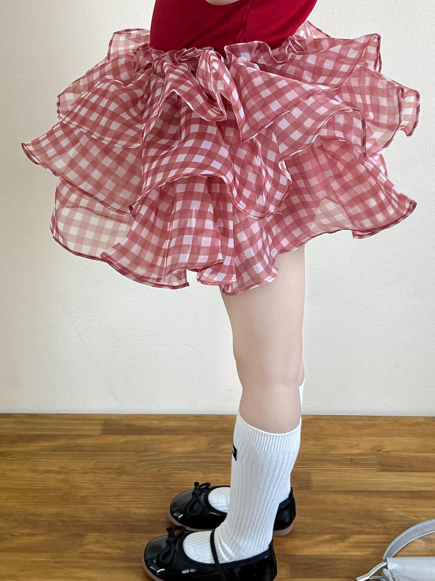 【90-140cm】甜美小飛袖背心｜+紅格蛋糕短裙(帶安全褲)