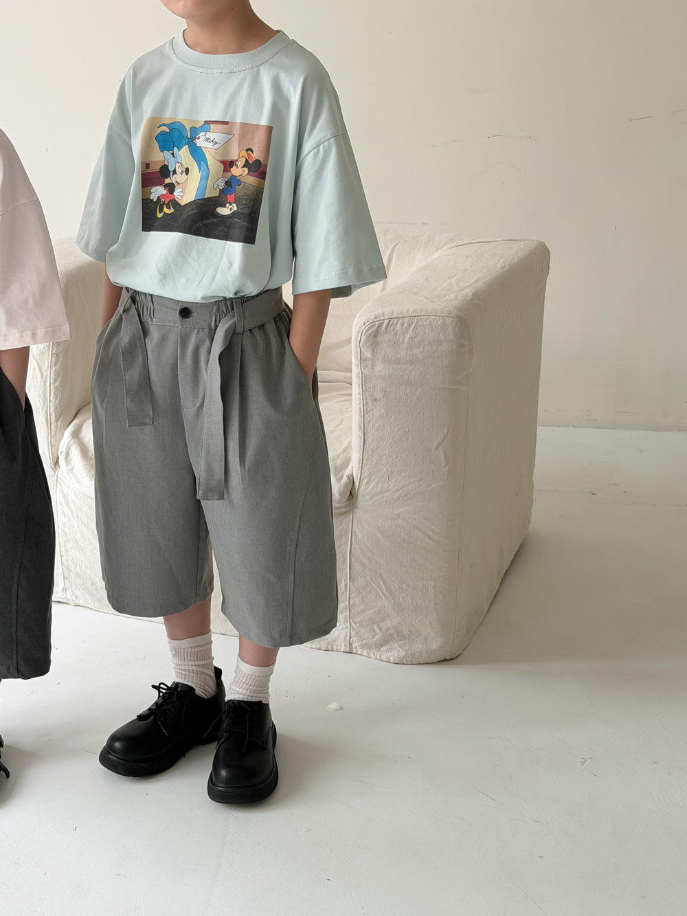 【100-160cm】韓版純色繫帶休閒西裝褲