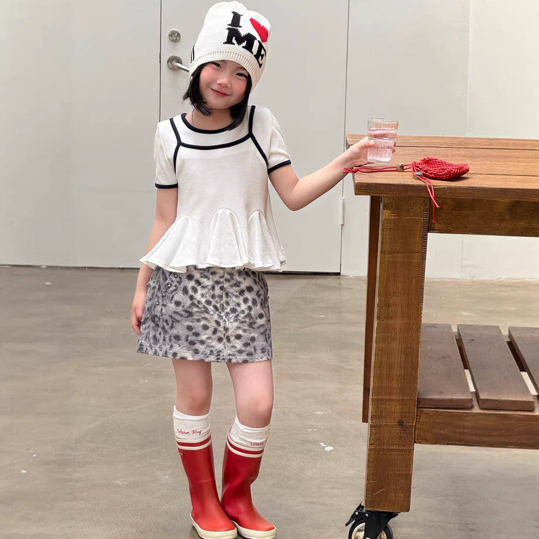 【120-160cm】韓版撞色假兩件上衣