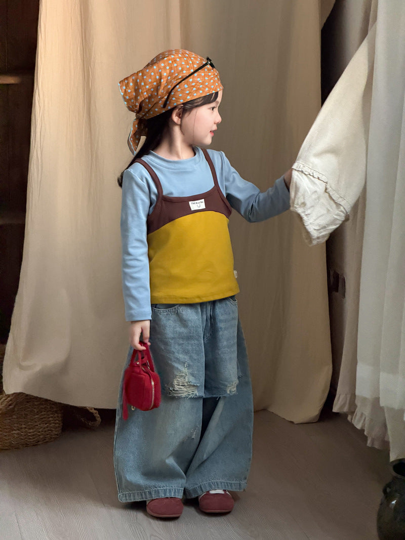 【90-140cm】拼色吊帶兩件套裝