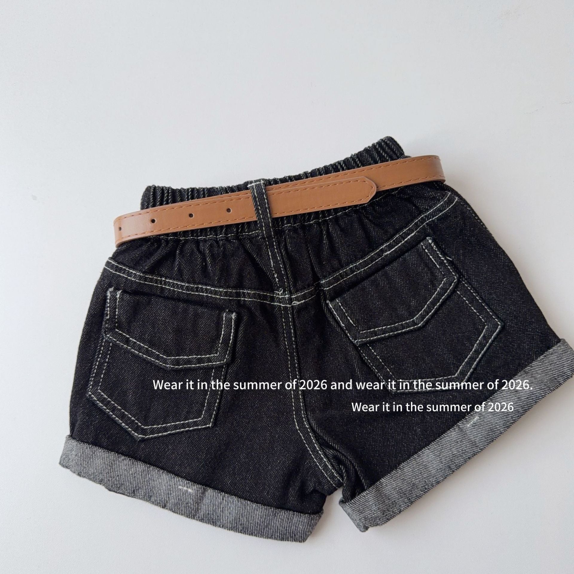 【90-160cm】【送皮帶】純色捲邊牛仔休閒短褲