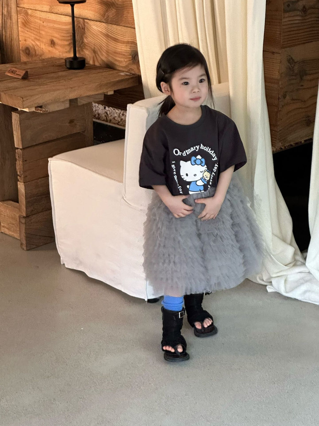 【90-140cm】KT寬鬆T | 灰色紗裙