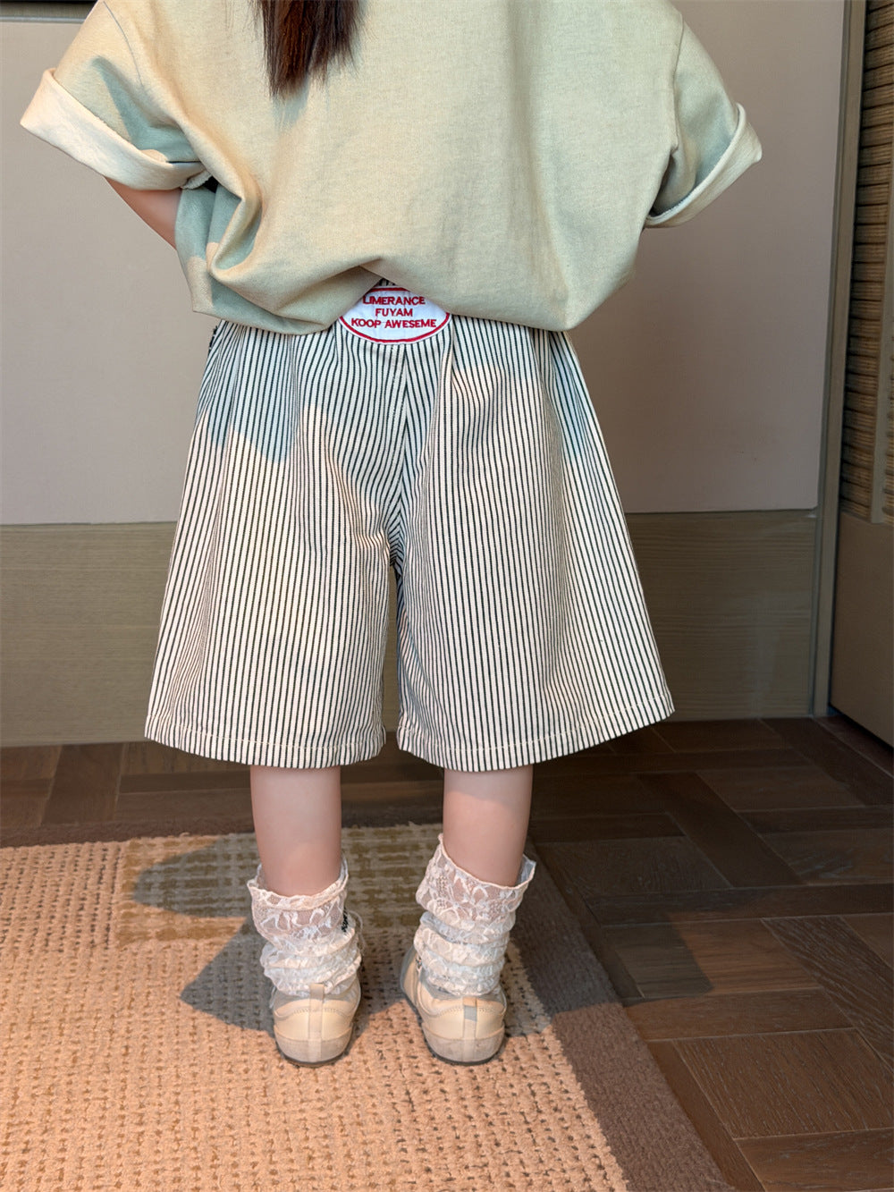 【90-150cm】日系條紋貼標牛仔五分褲