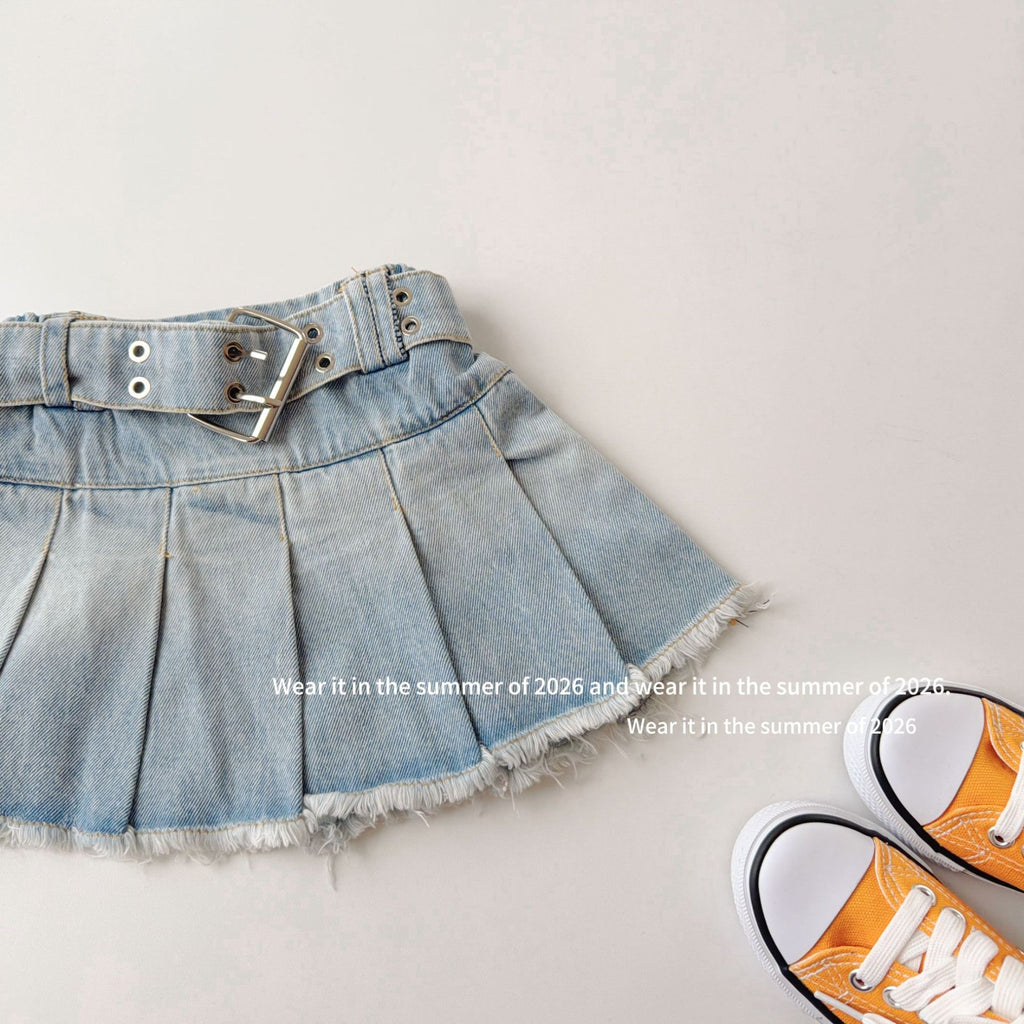 【90-150cm】荷葉邊鬆緊高腰牛仔百褶裙