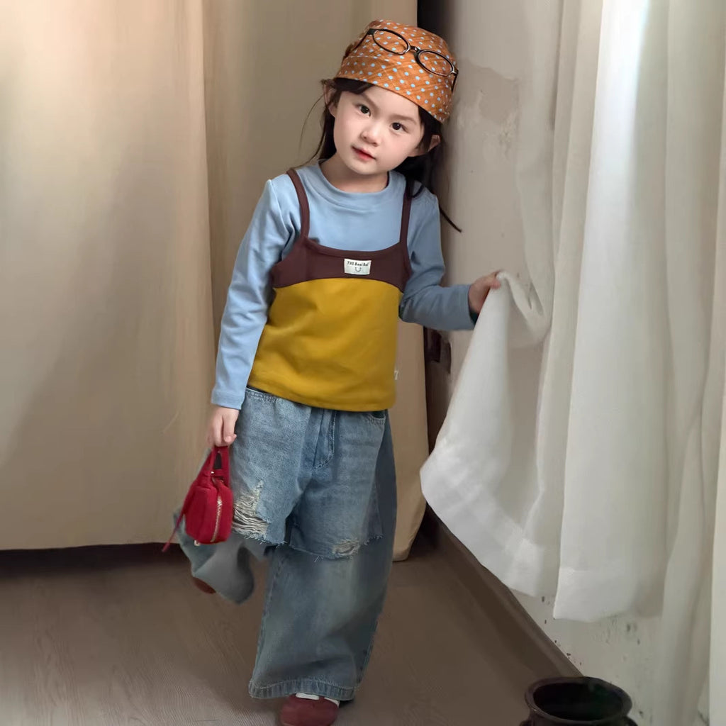 【90-140cm】拼色吊帶兩件套裝