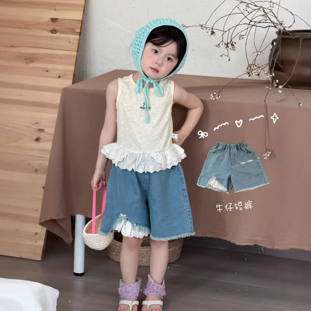 【90-140cm】韓版毛邊磨破時髦牛仔短褲