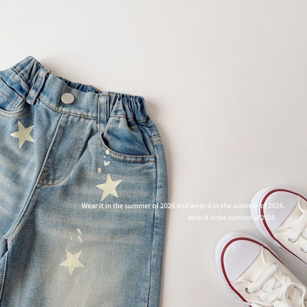 【90-150cm】復古星星印花牛仔五分中長褲