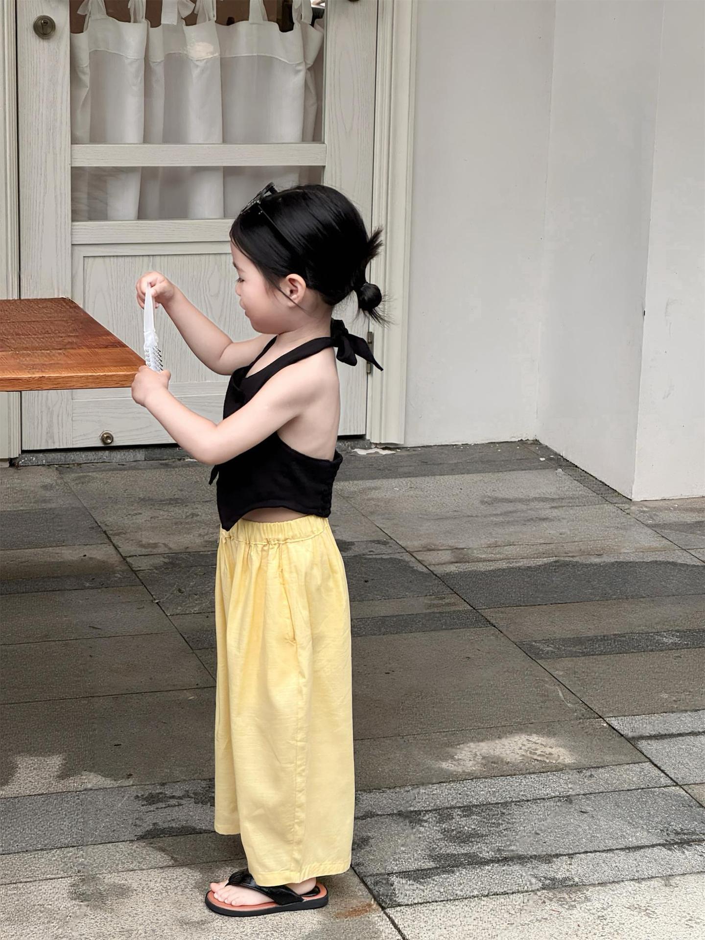 【90-140cm】雙排扣亞麻露背掛脖背心 | 亞麻闊腿褲