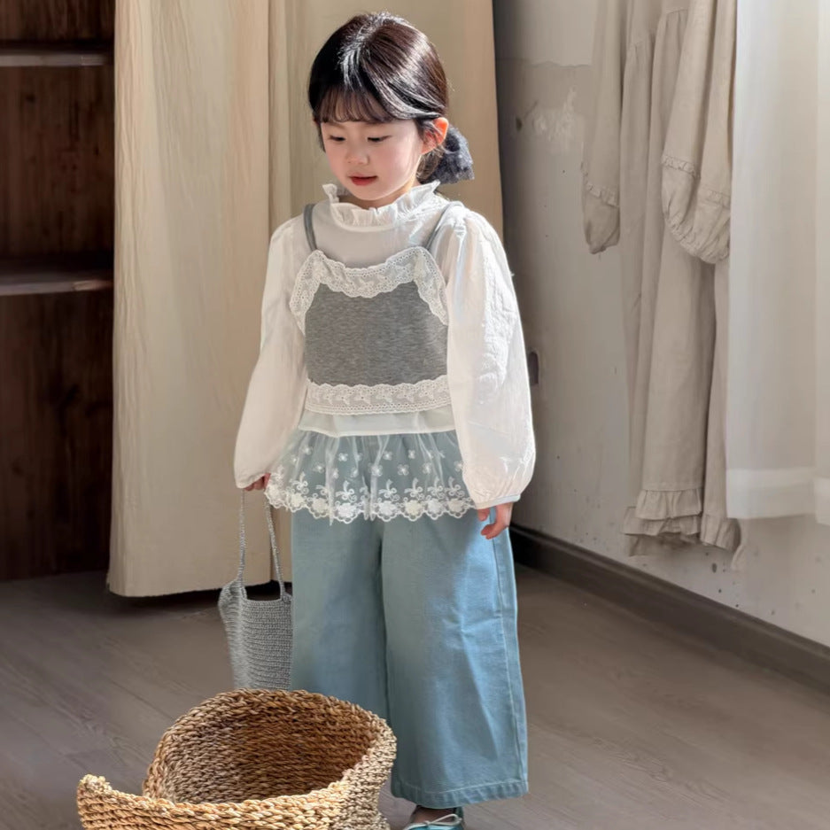 【90-140cm】小清新蕾絲花邊吊帶襯衫