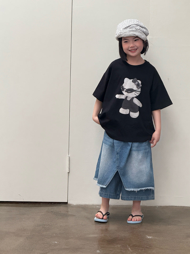 【120-160cm】不規則屁簾拼接寬腿七分牛仔褲