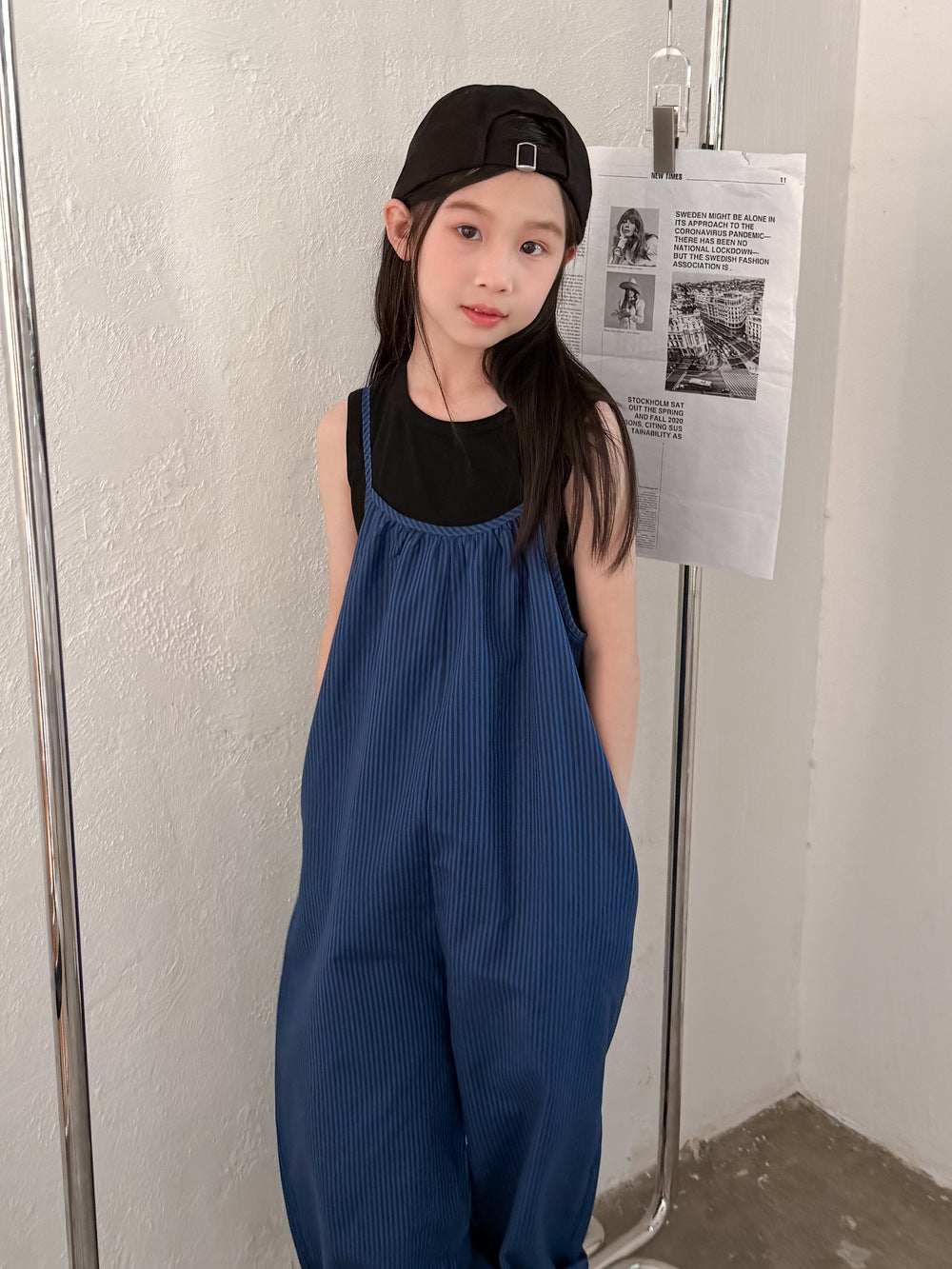 【100-1600cm】韓版條紋寬鬆背心吊帶褲套裝