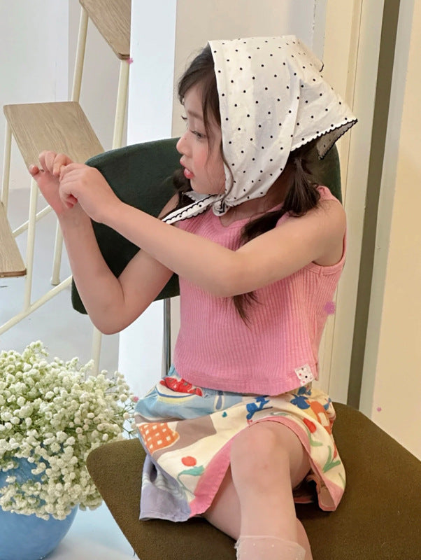 【90-140cm】坑條背心兒童彈性無袖上衣打底衫 | 印花半裙