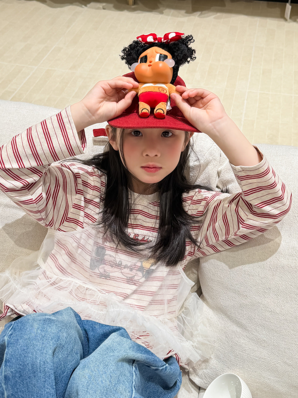 【100-160cm】百搭條紋米奇印花T+網紗兩件套