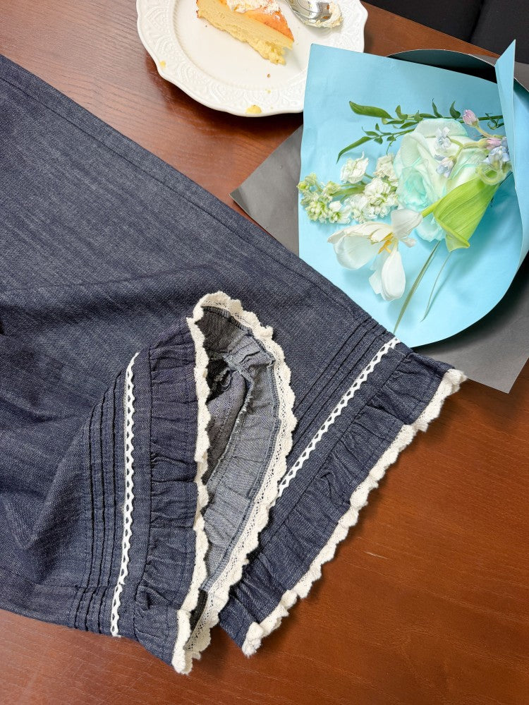 【100-170cm】韓系蕾絲花邊闊腿牛仔褲