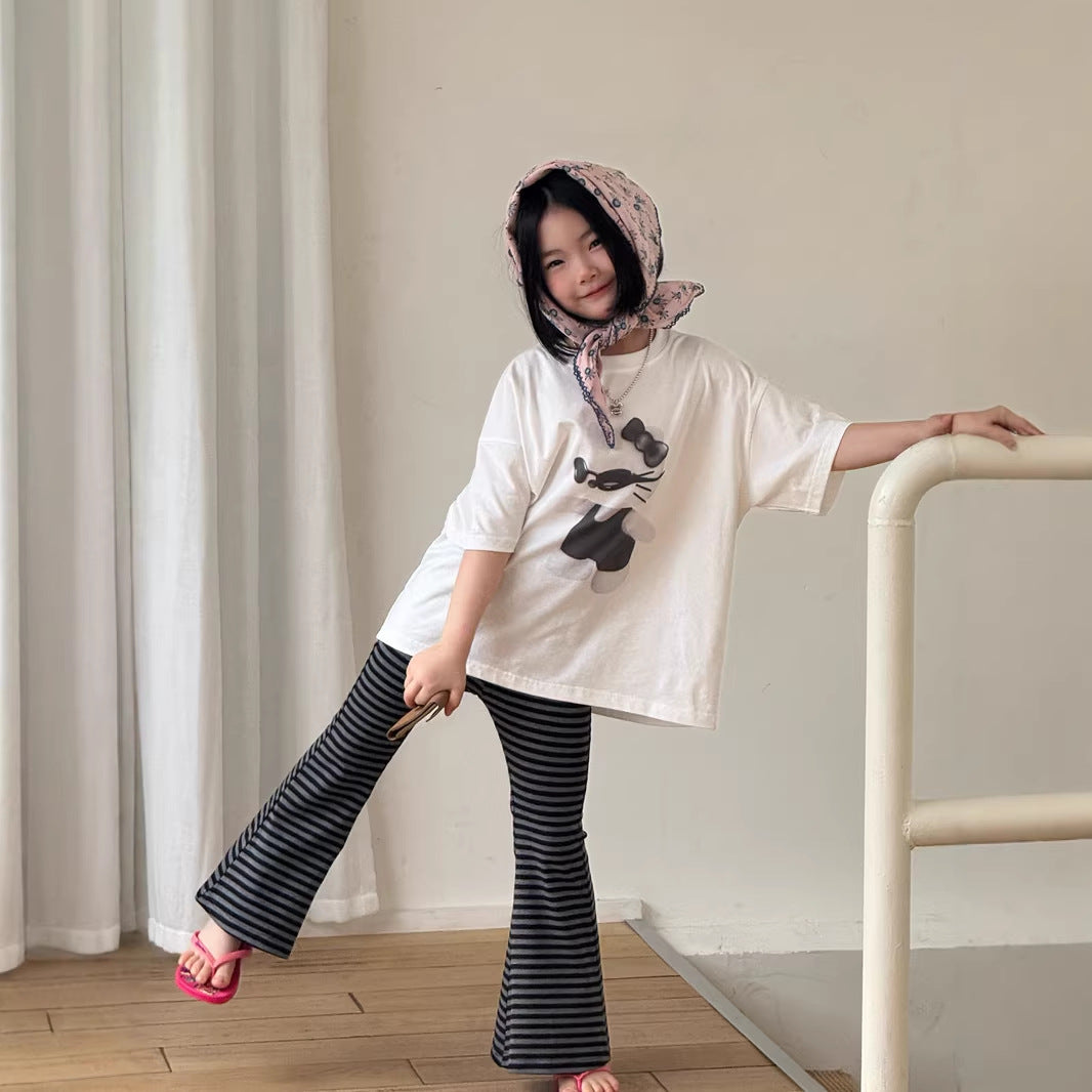 【120-160cm】條紋垂感彈性喇叭褲