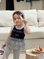 【90-140】彩色字母拼接紗背心 | 花邊蝴蝶結打底褲