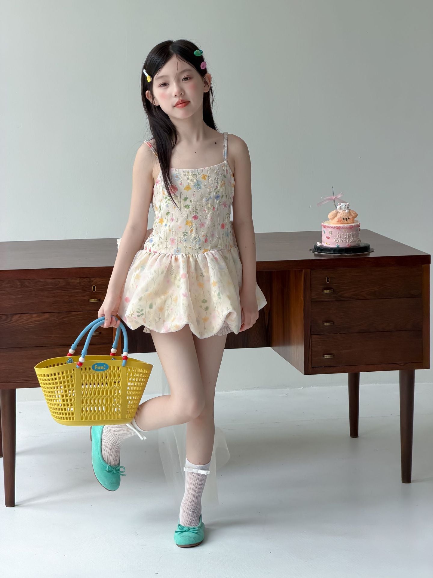 【90-160cm】碎花蝴蝶結網紗拖尾公主裙