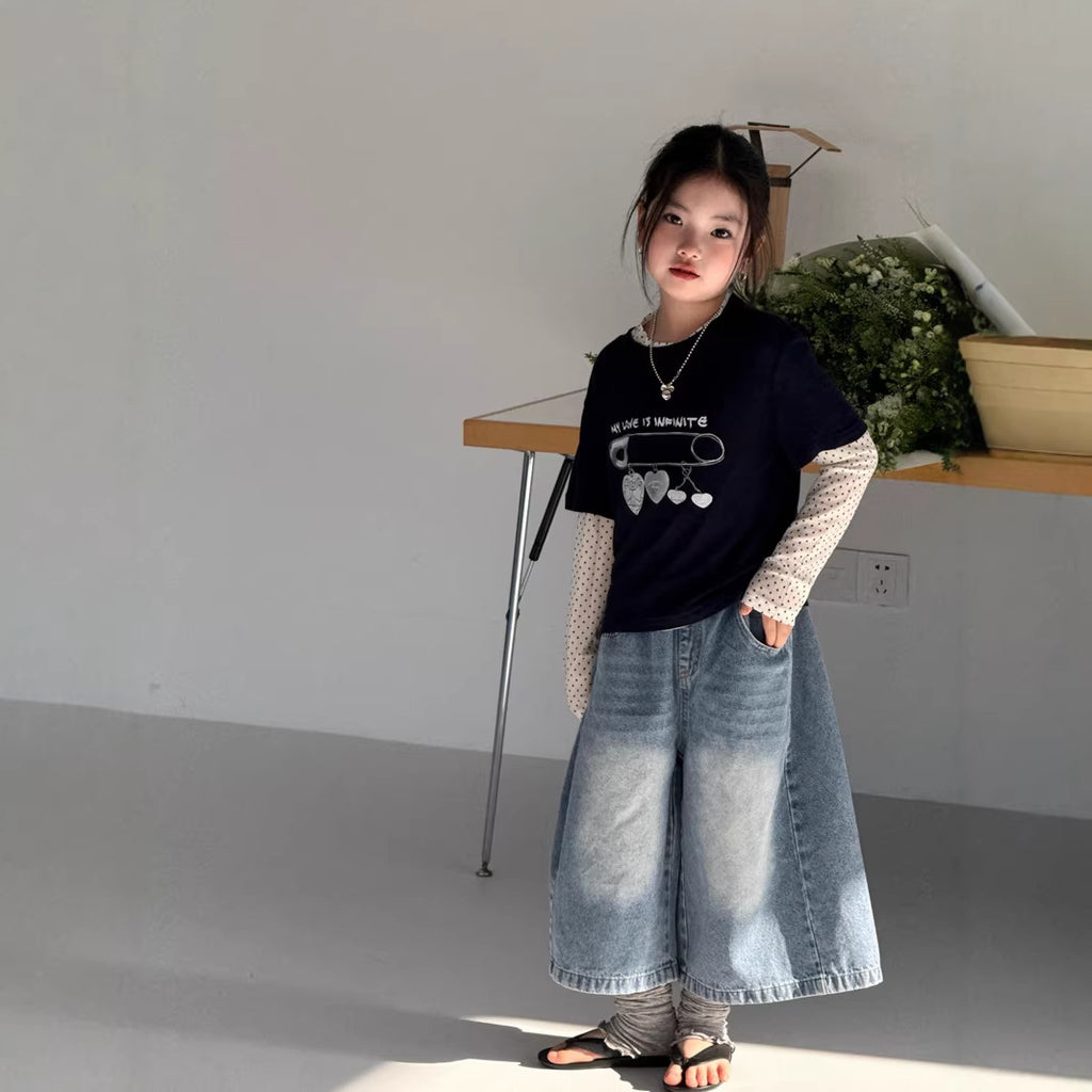 【120-160cm】疊穿針織兩件套上衣印花T