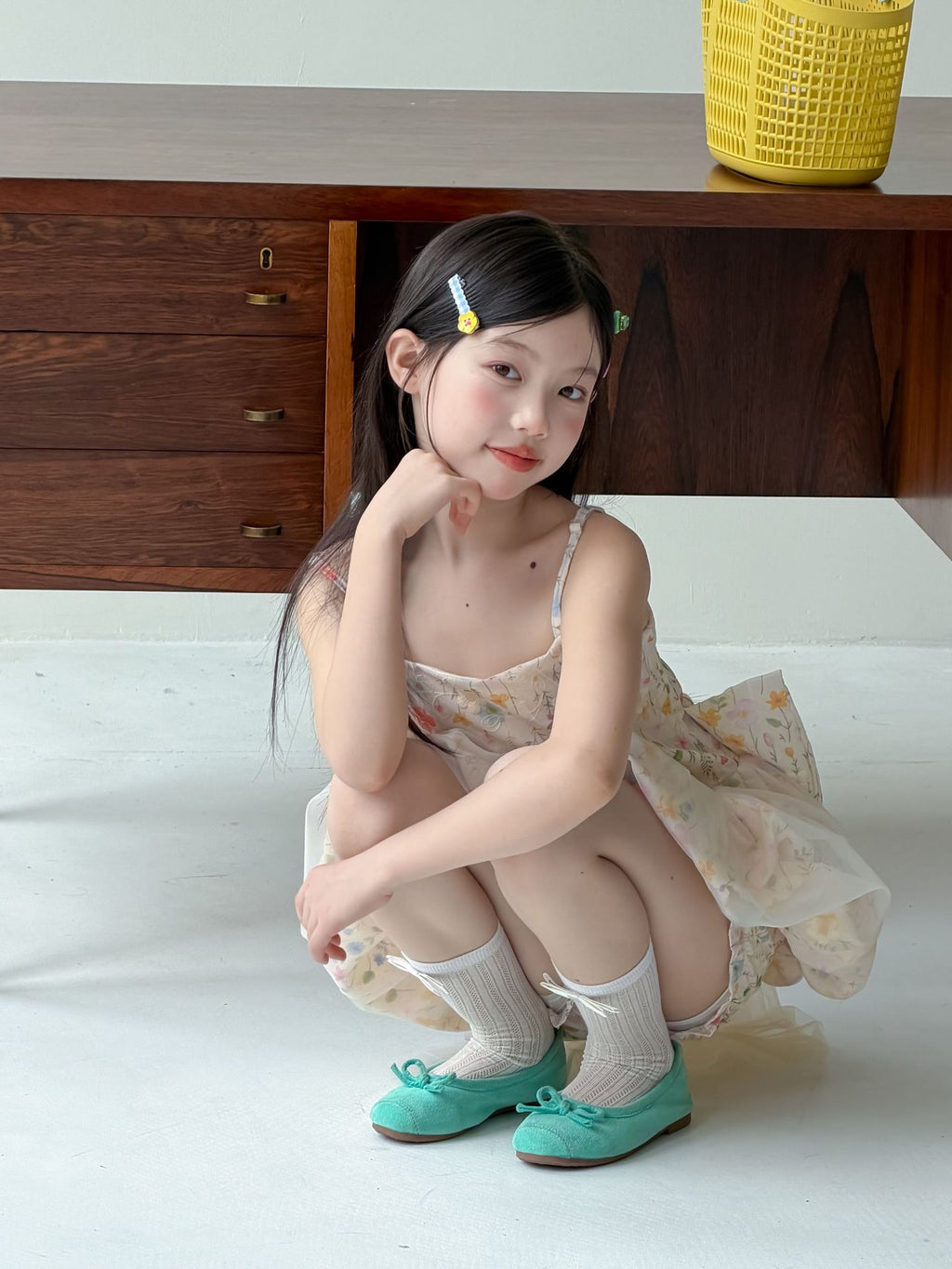 【90-160cm】碎花蝴蝶結網紗拖尾公主裙