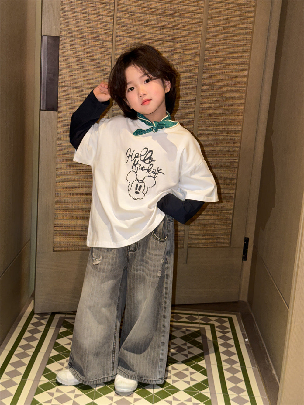 【90-150cm】韓版時尚條紋磨破牛仔褲