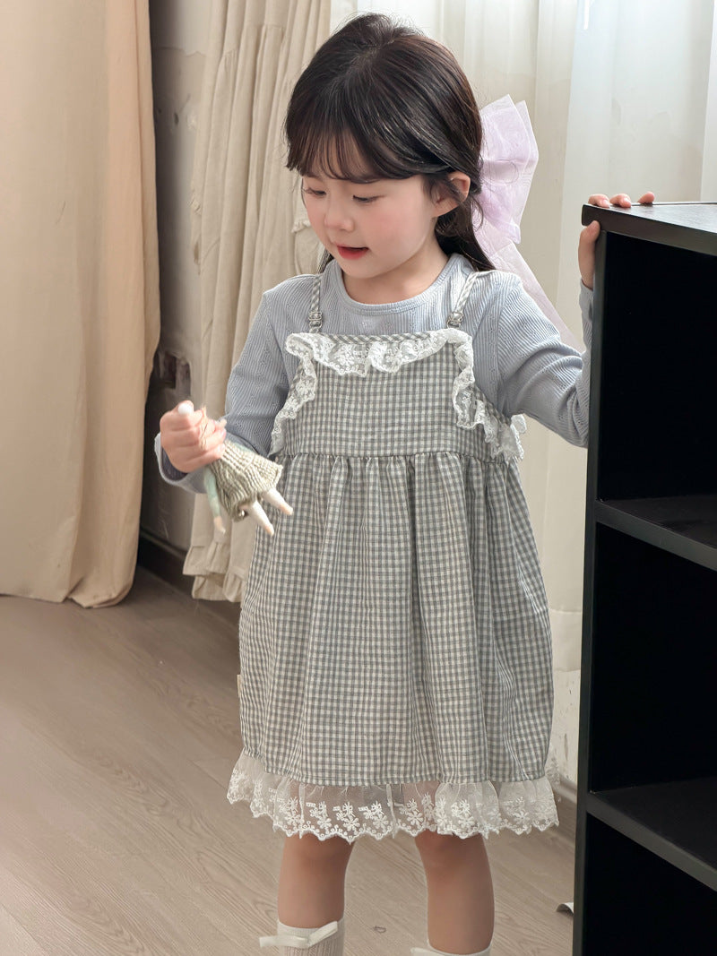 【90-140cm】花邊格子洋裝吊帶裙