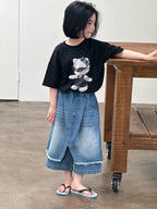 【120-160cm】不規則屁簾拼接寬腿七分牛仔褲