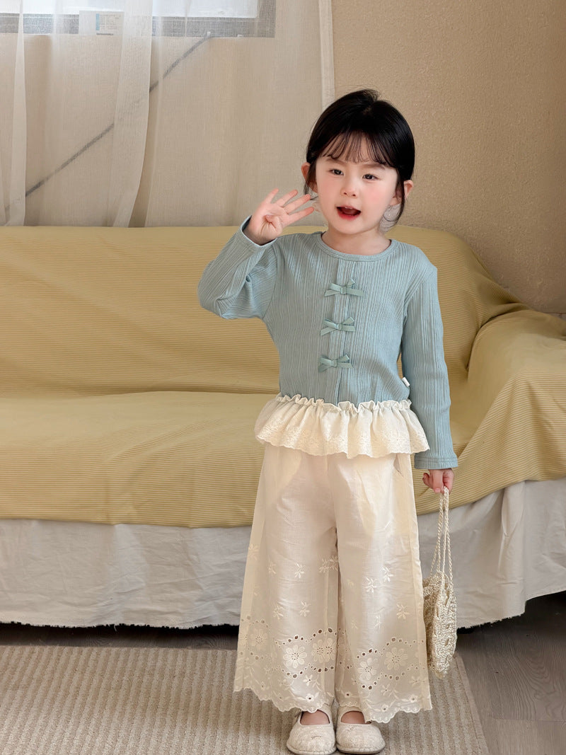 【90-140cm】韓版蕾絲刺繡棉布直筒褲