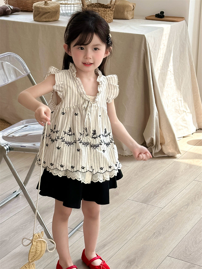 【80-130cm】韓版刺繡蕾絲綁帶假兩件上衣