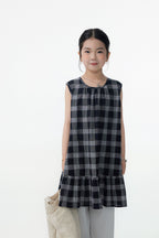 【90-150cm / F】【親子裝】日系荷葉邊黑灰格背心裙