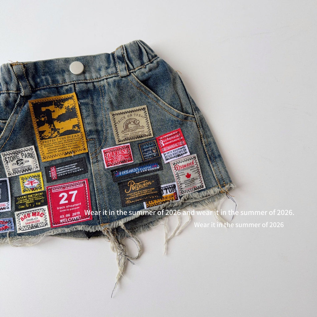 【90-150cm】(帶安全褲)拼接刺繡牛仔短裙