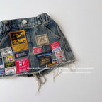【90-150cm】(帶安全褲)拼接刺繡牛仔短裙