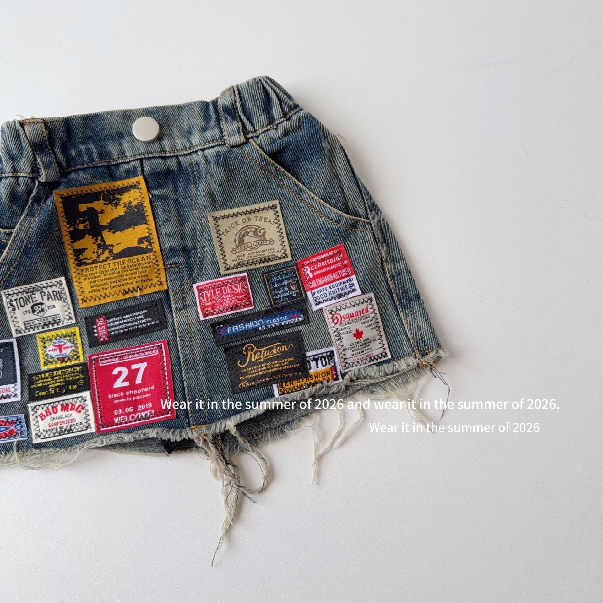 【90-150cm】(帶安全褲)拼接刺繡牛仔短裙