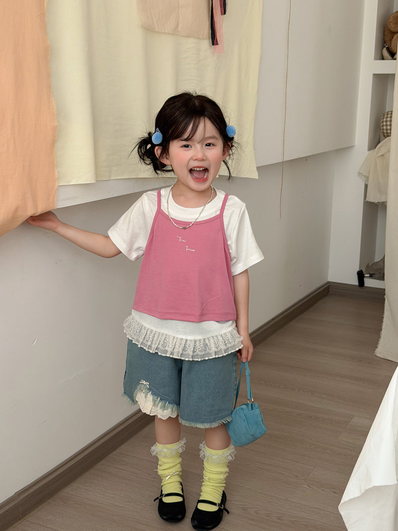 【90-140cm】韓版蕾絲短袖背心兩件套