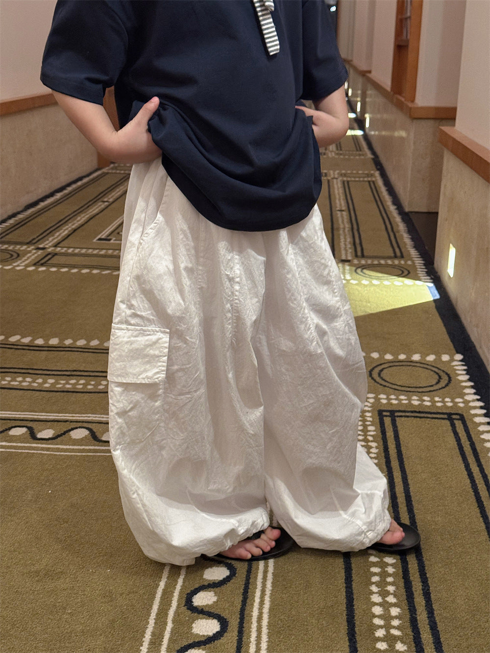 【100-160cm】韓版大口袋休閒闊腿褲