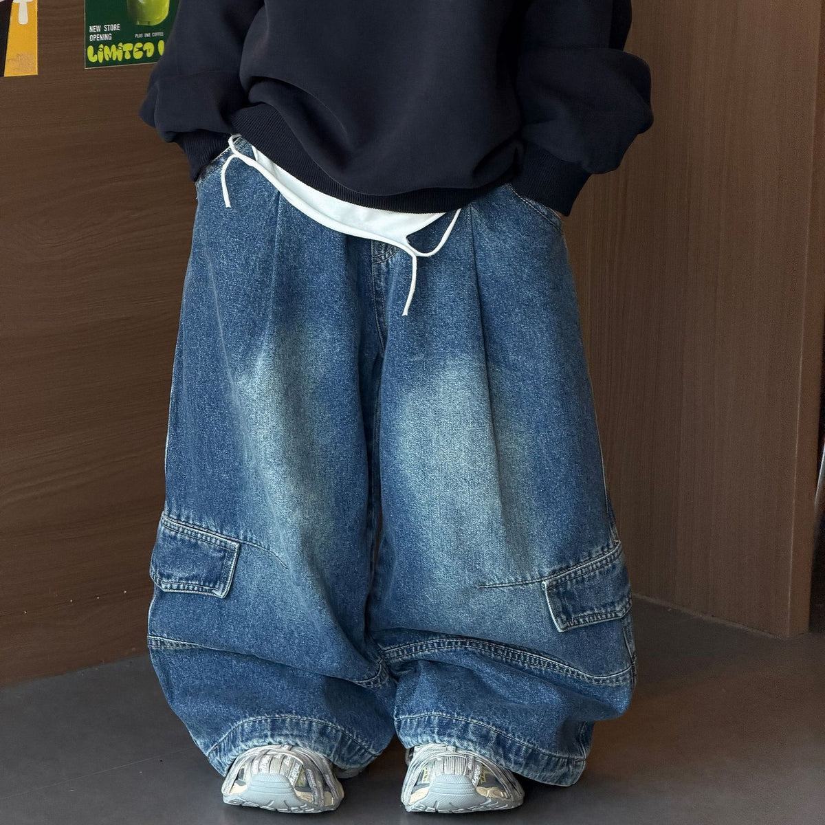 【90-160cm】水洗磨白工裝牛仔褲
