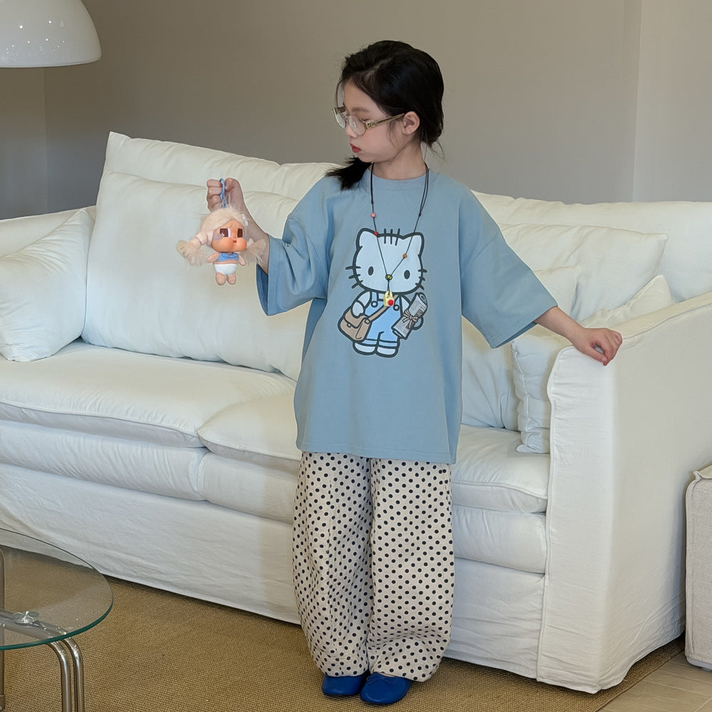 【現貨-褲140cm | 100-160cm】kitty休閒圓領上衣 | 波點褲