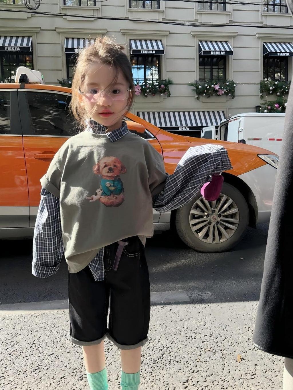 【90-140cm】狗狗短袖疊穿格子襯衫