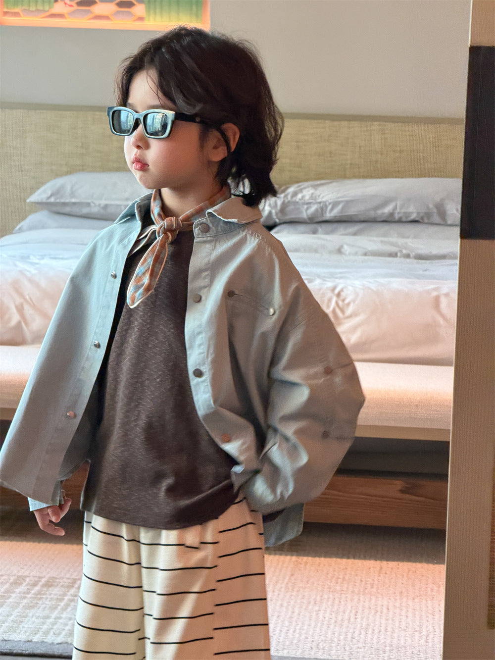 【90-150cm】韓版設計款重工翻領襯衫外套