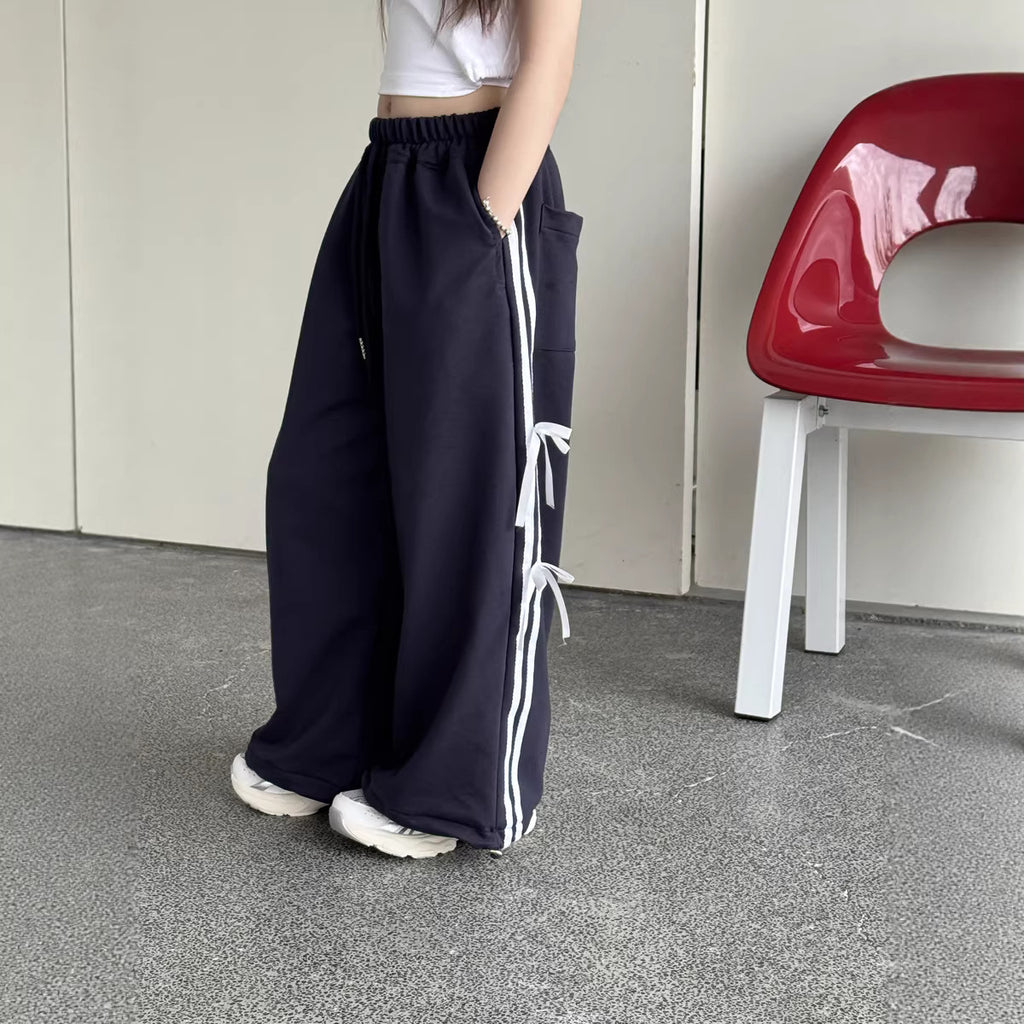 【100-150cm】韓版織帶蝴蝶結休閒闊腿褲