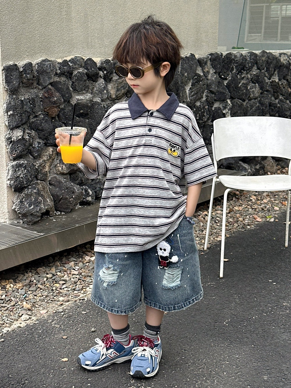 【100-160cm】條紋翻領短袖POLO衫