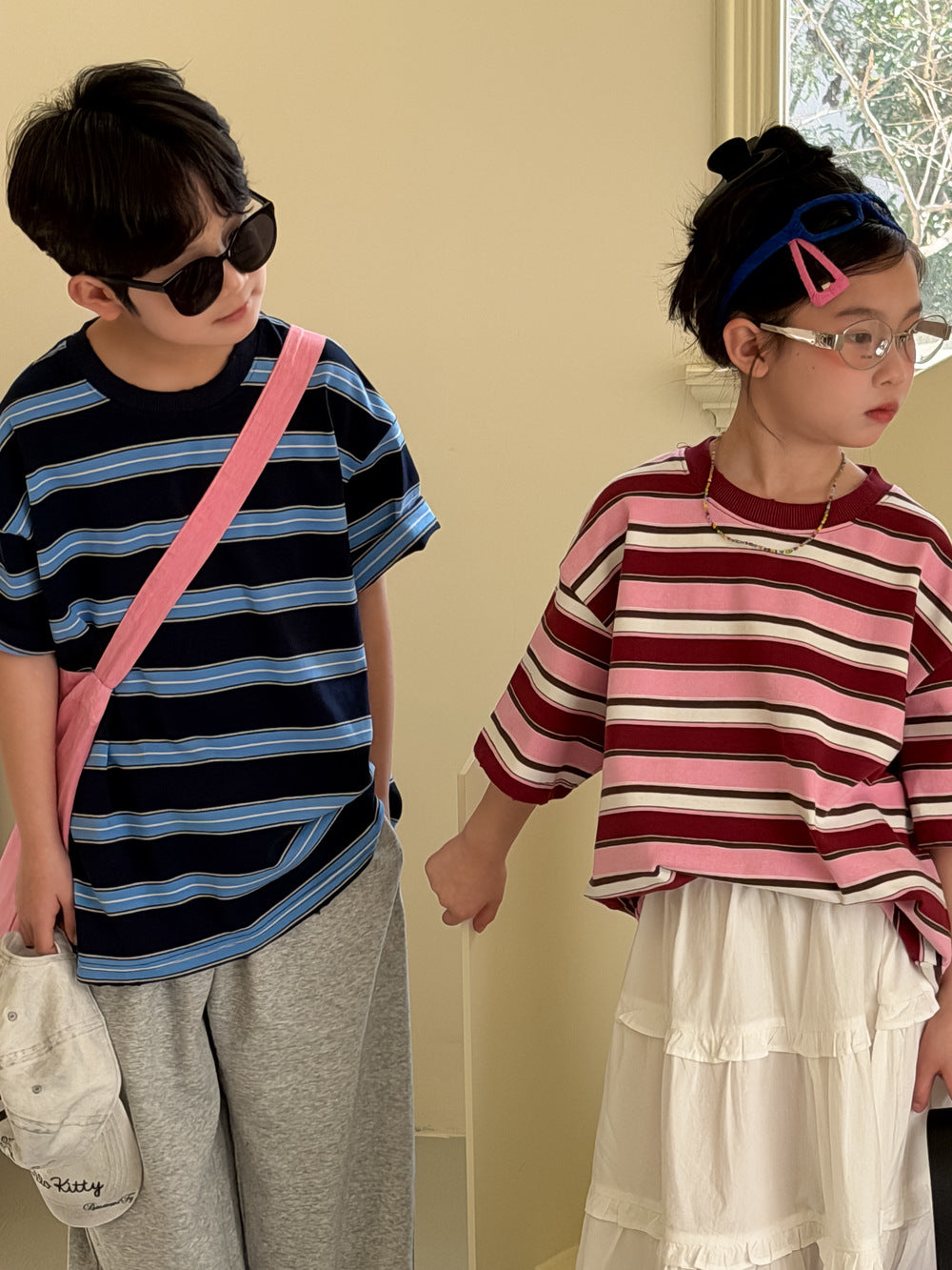 【100-160cm】寬條紋寬鬆圓領上衣