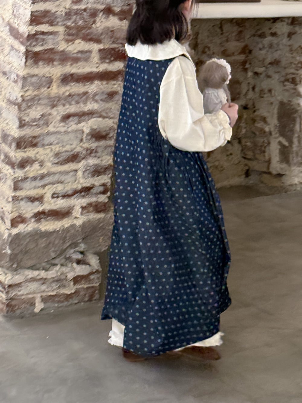 圓點繫帶長袖牛仔背心裙