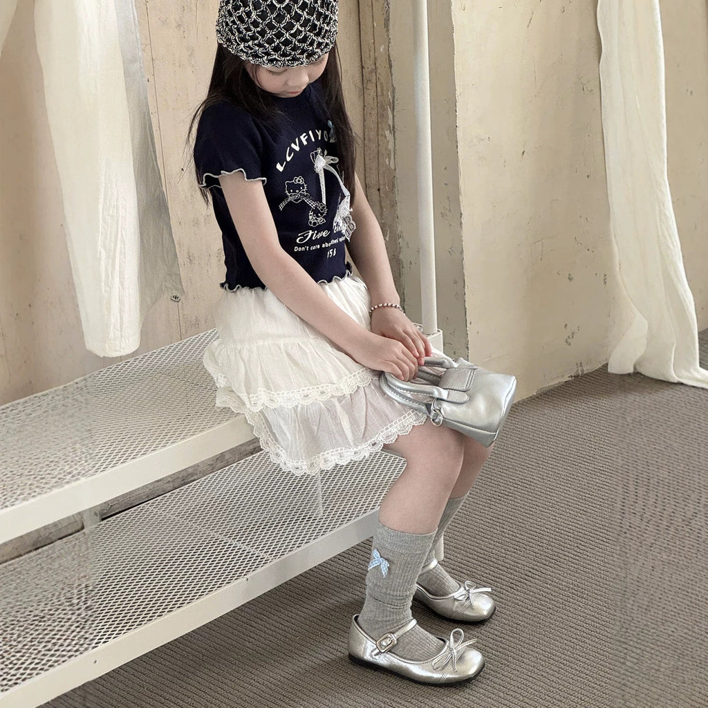 【100-150cm】甜美蕾絲蝴蝶結T