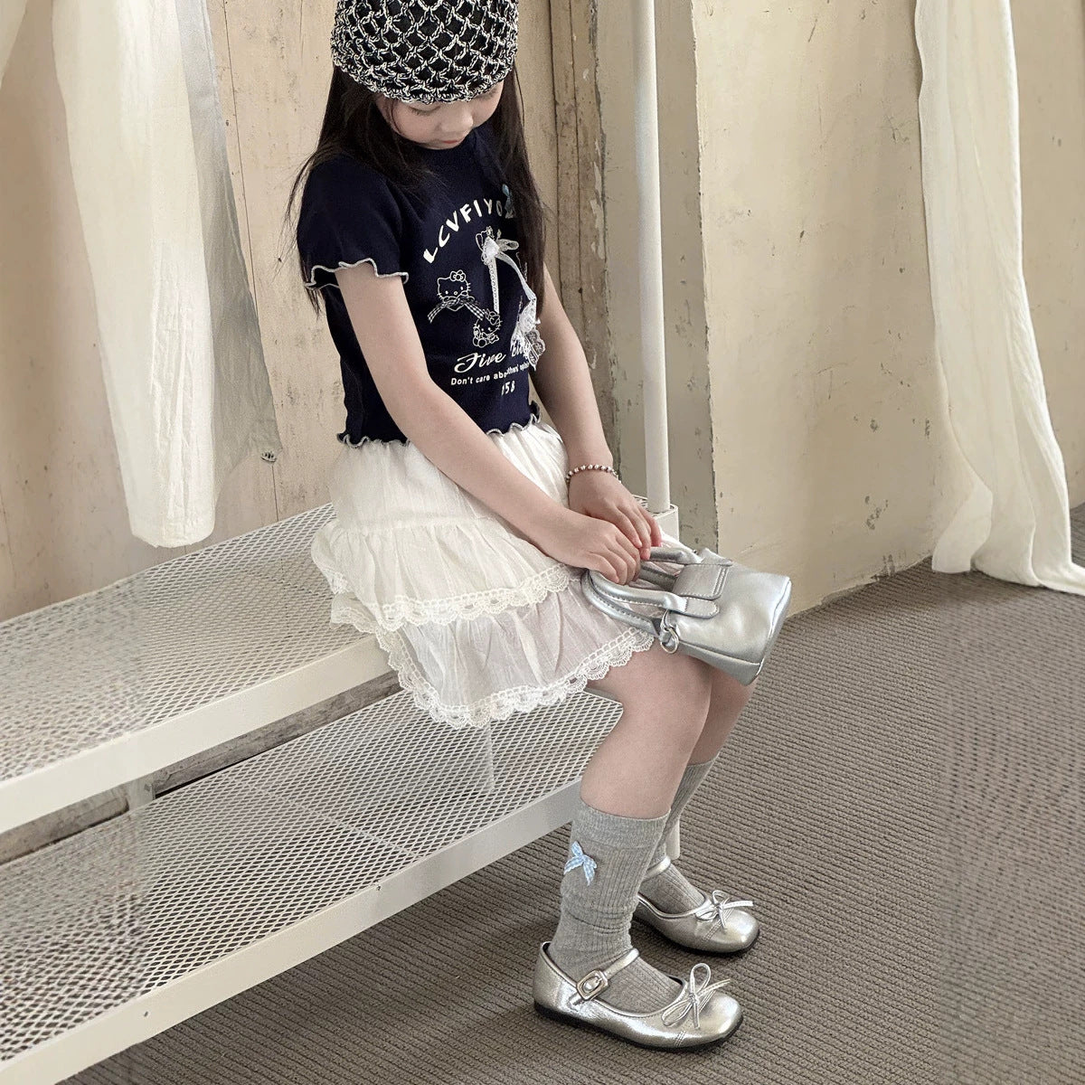 【100-150cm】甜美蕾絲蝴蝶結T