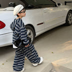 【90-160cm】韓版休閒連帽條紋套裝