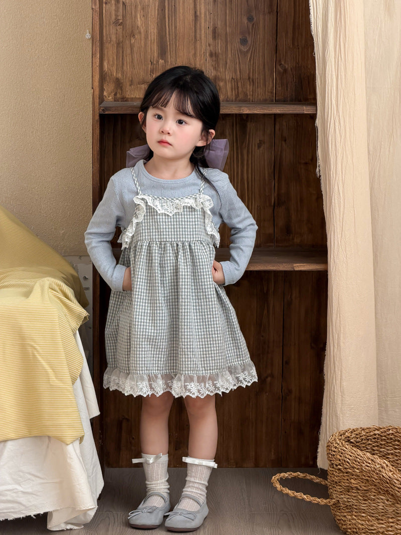 【90-140cm】花邊格子洋裝吊帶裙