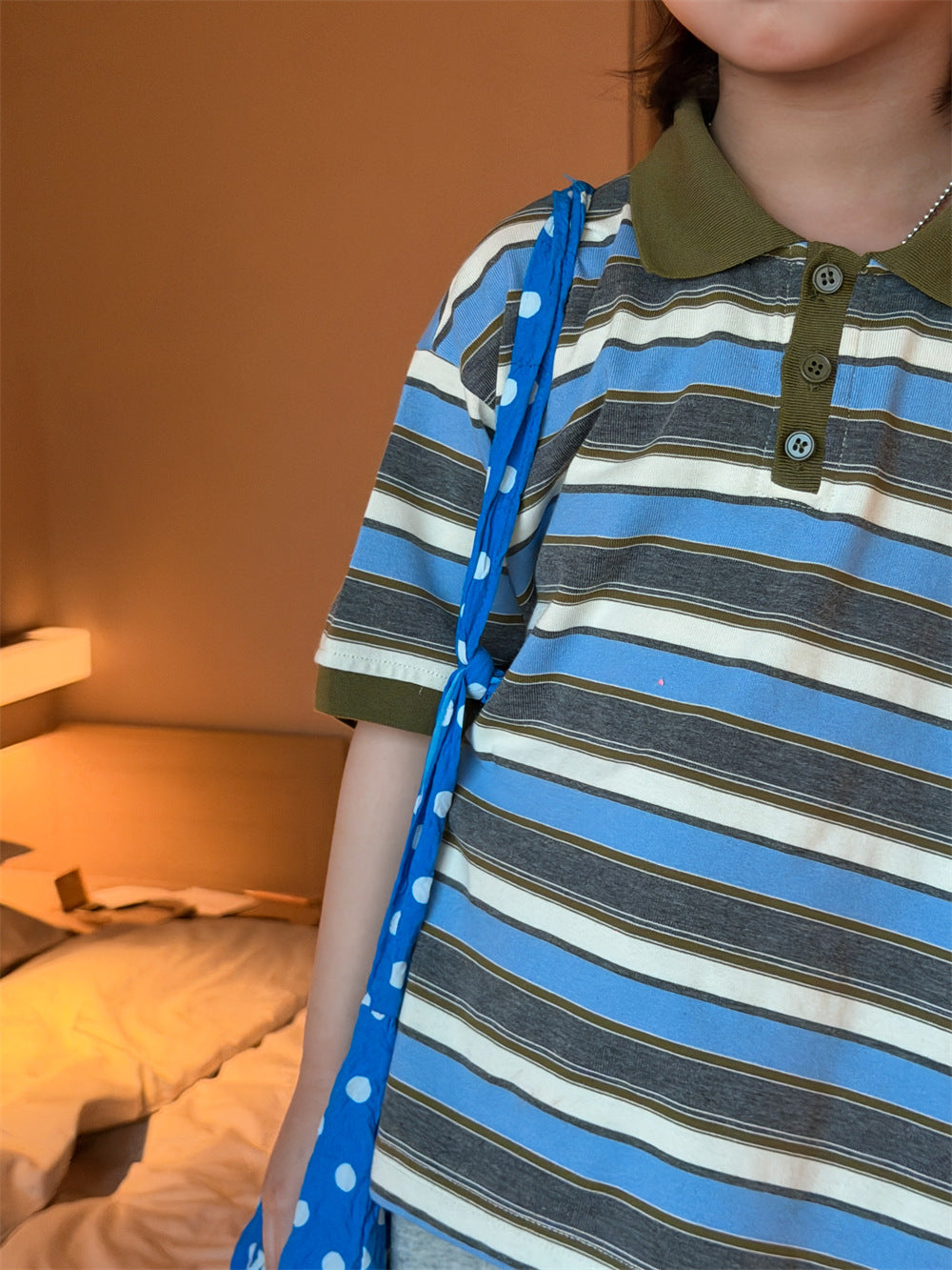 【90-150cm】條紋撞色polo短袖