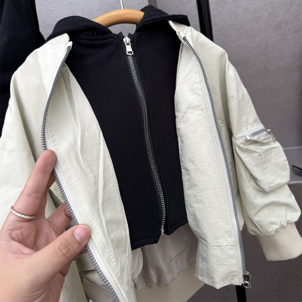 【100-150cm】假兩件字母連帽飛行外套